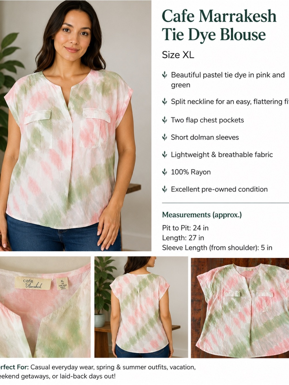 Cafe Marrakesh XL Pink Green Tie Dye Rayon Boho Blouse